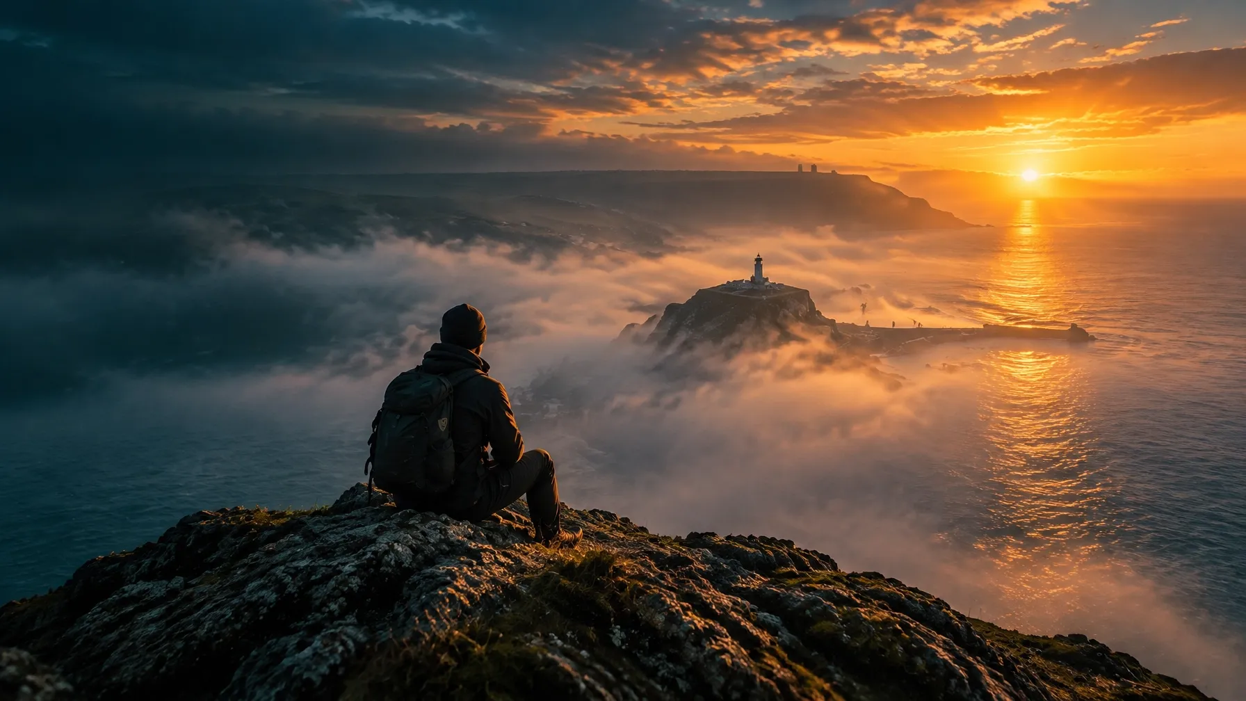 A figure watching sunrise across a misty sea from the rocky coast