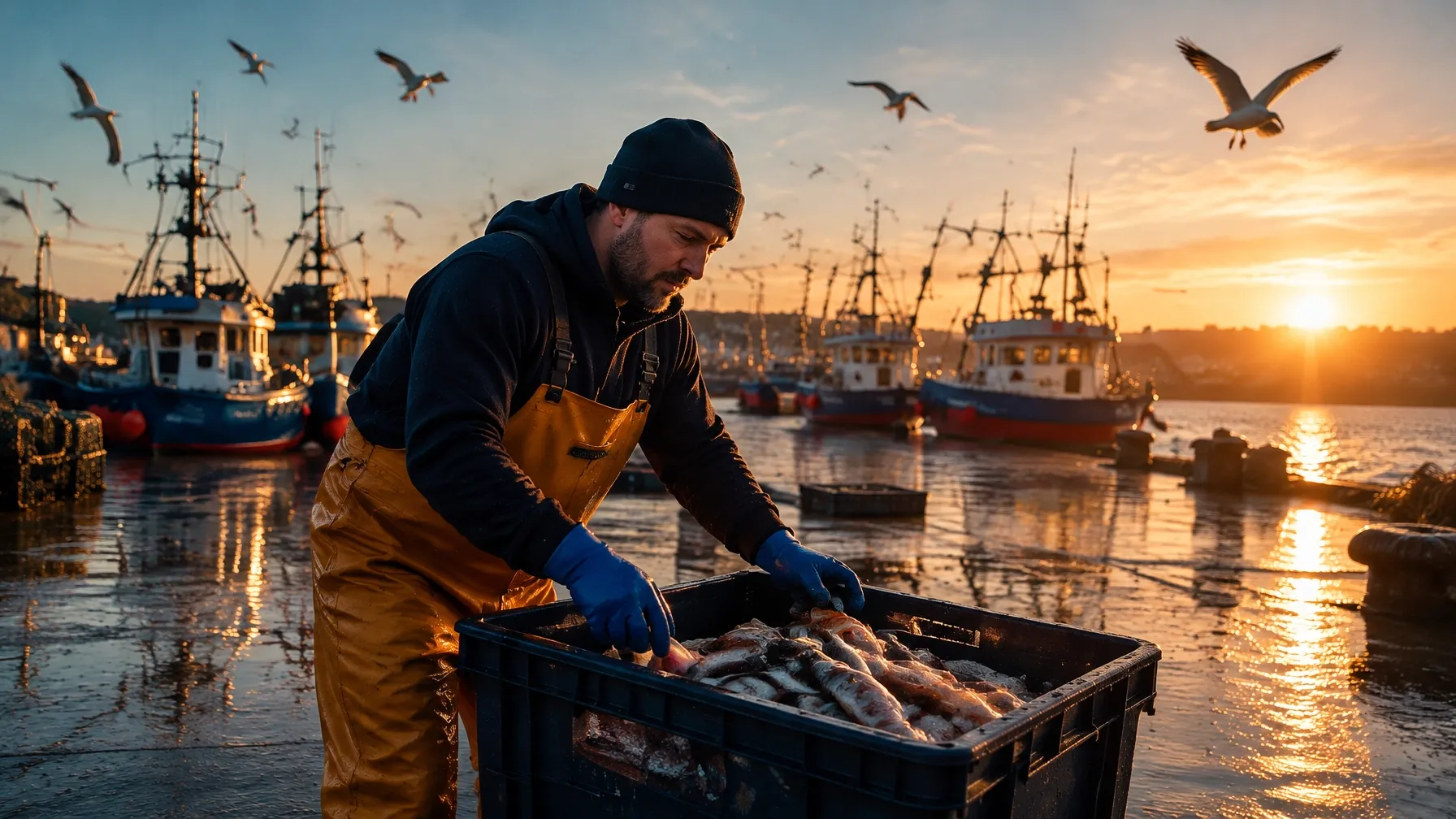A fisherman working on the harbour at dawn