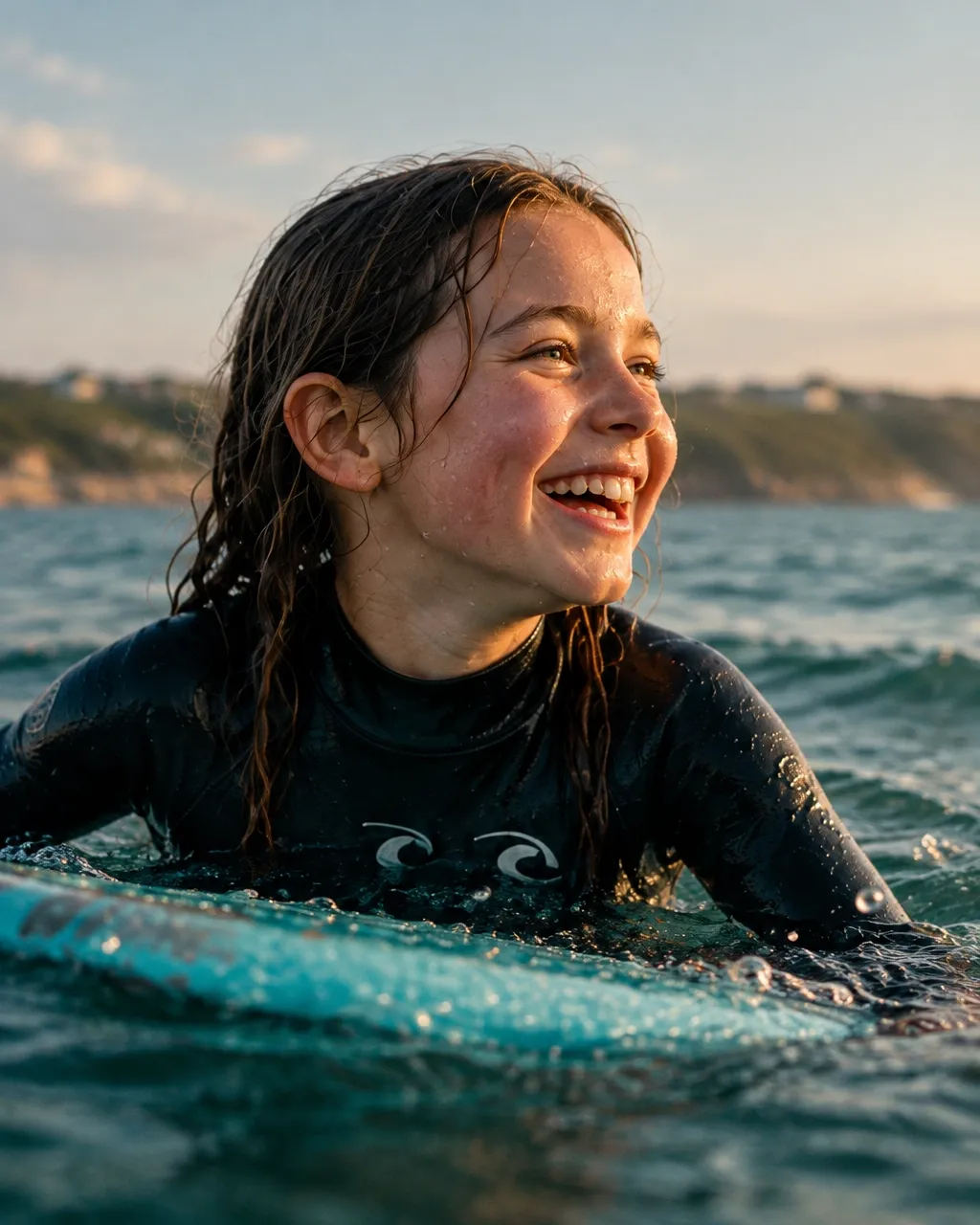 A young swimmer smiling in the sea