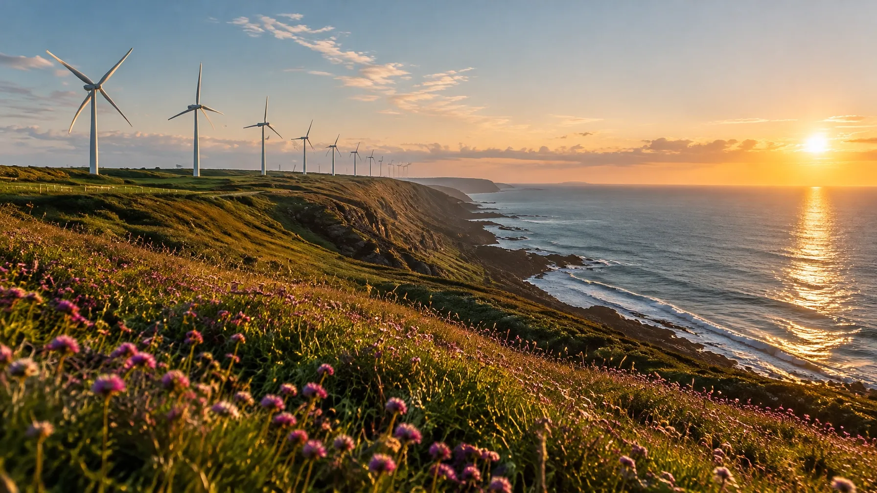 Wind turbines on a flowered coastal headland